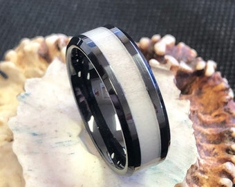 Black Ceramic Ring with Deer Antler Inlay- Ring, Mens, Wedding Band, Anniversary, Gift, Inlay, Honeymoon, Antler