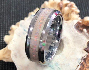 Whitetail Antler Ring with Crushed Pearl White Opal inlay in Tungsten Band - Ring, Mens, Wedding Band, Anniversary, Gift, Honeymoon, Antler