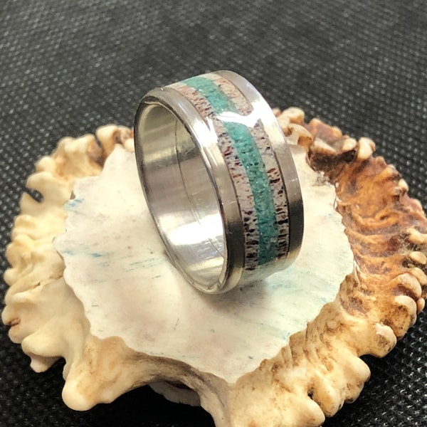 Whitetail Antler Ring with Aquamarine Inlay In Stainless Core- Ring, Mens, Wedding Band, Anniversary, Gift, Inlay, Honeymoon