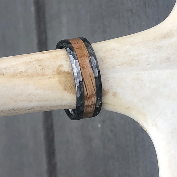 Hammered Tungsten Ring with Bourbon Barrel Wood Inlay- Ring, Mens, Wedding Band, Anniversary, Gift, Inlay, Honeymoon, Antler