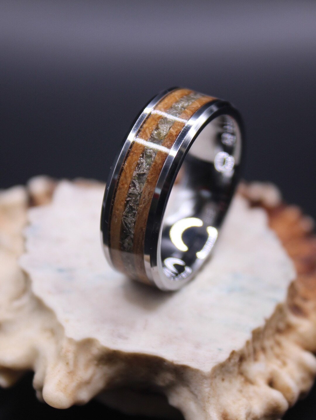 Tungsten Ring With Bourbon Barrel and Peridot Inlay- Ring