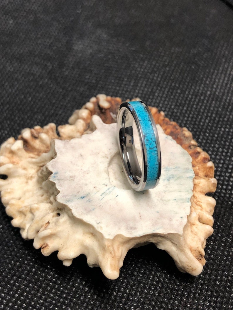 Anniversary Wedding Band Honeymoon Inlay Turquoise Mens Gift Tungsten Ring with Crushed Turquoise Inlay- Ring