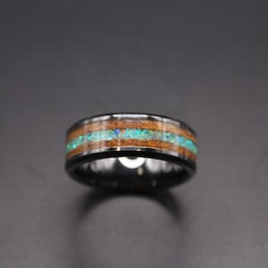 Schwarzer Keramik Ring mit Bourbon Fass und Türkis Opal Inlay- Ring, Herren, Hochzeitsband, Jahrestag, Geschenk, Inlay, Flitterwochen, Geweih