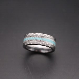 Hammered Tungsten Ring with Deer Antler and Turquoise Inlay- Ring, Mens, Wedding Band, Anniversary, Gift, Inlay, Honeymoon, Antler