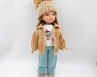 Outfit für Paola Reina, gestrickte Puppenkleidung, Set mit 4 Artikeln, Puppe 33 cm