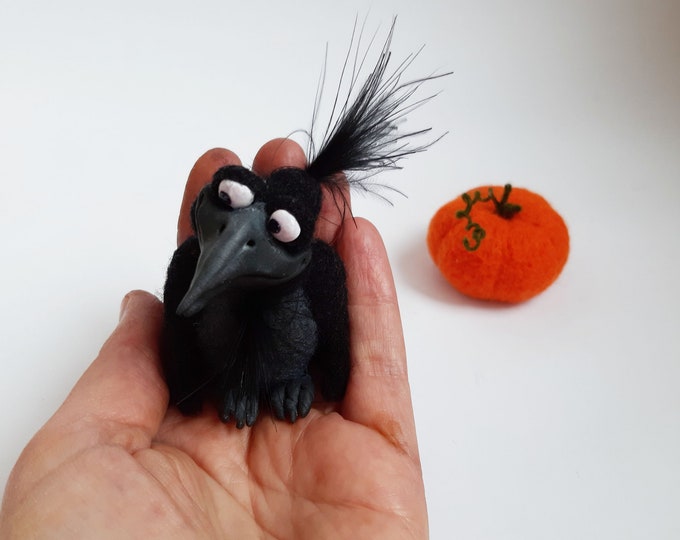 Needle Felted Black Crow Miniature Felted Orange Pumkin Etsy