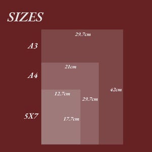 May include: Image showing paper sizes A3 (11.7 x 16.5 inches), A4 (8.3 x 11.7 inches), and 5x7 inches, with dimensions in centimeters. The word "SIZES" is at the top. The background is a dark red color.