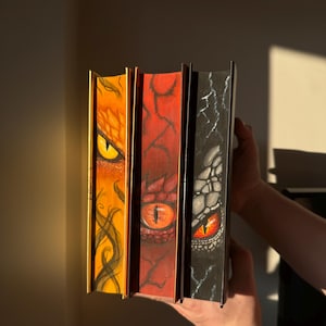 May include: Three decorative book spines featuring dragon eye designs. The first is orange with a yellow eye, the second is red with an orange eye, and the third is black with a red and orange eye. The spines have gold edges.