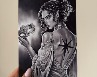 May include: Monochrome illustration of a woman with pointed ears, wearing a gown and holding a mask. A star-shaped tattoo is visible on her back. The artwork has a fantasy theme.