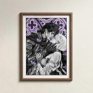 May include: A framed art print featuring a black and white illustration of two figures in an intimate embrace. The background displays a purple gothic arch pattern, and small purple butterflies are scattered around the figures in the composition.