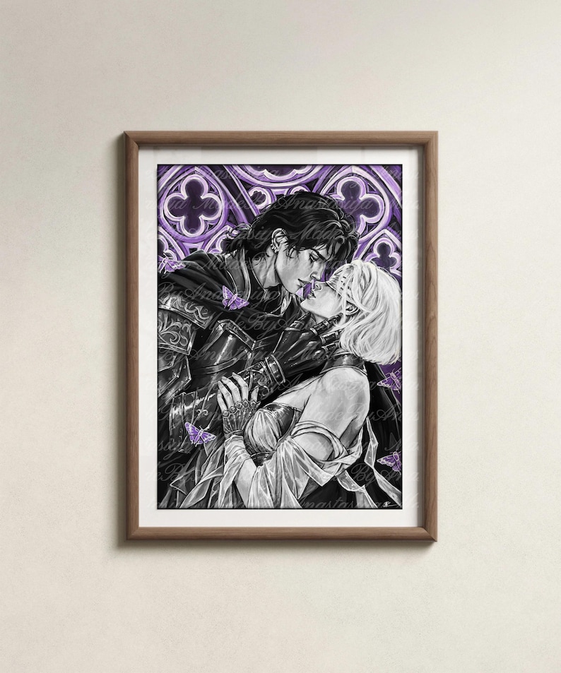 May include: A framed art print featuring a black and white illustration of two figures in an intimate embrace. The background displays a purple gothic arch pattern, and small purple butterflies are scattered around the figures in the composition.