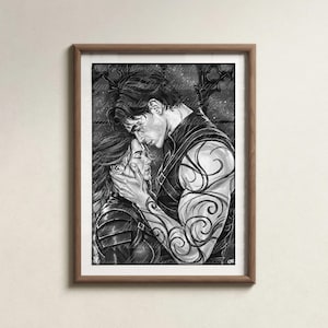 May include: A framed black and white illustration depicting two figures in an intimate embrace. One figure has intricate swirling tattoos on their arm and shoulder, while the other wears armor. The background features a dark, starry night sky.