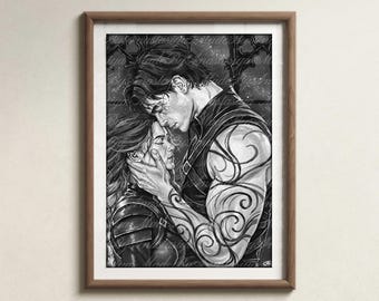 May include: A framed black and white illustration depicting two figures in an intimate embrace. One figure has intricate swirling tattoos on their arm and shoulder, while the other wears armor. The background features a dark, starry night sky.