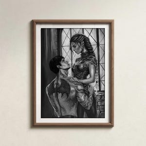 May include: Black and white framed artwork depicting two figures in a romantic embrace. The woman wears ornate armor, while the man has a tattoo on his back. The background features a window with a diamond pattern.