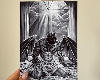 May include: Black and white artwork depicting a kneeling figure with large wings and intricate tattoos. The figure is draped in fabric, set against a backdrop of a window with a cloudy sky and beams of light.