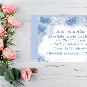 Tarjeta de felicitación de boda en hojalata, octavo aniversario de boda, con sus propios nombres o texto, tamaño tarjeta plegable. B6, aprox. 17 x 12 cm + sobre. Bajo pedido.