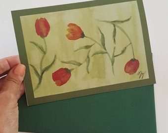 Grußkarte, Tulpen, Grußkarte für verschiedene Anlässe. Aquarellmalerei, Versandfertig