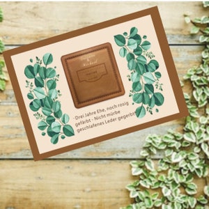 Personalisiertes Hochzeitskarte, "3. Hochzeitstag", Lederne Hochzeit, Karte Personalisierbar mit Name und Datum.  Gr. B6. Auf Bestellung
