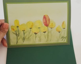 Tarjeta de felicitación, tulipanes, tarjeta de felicitación para diversas ocasiones, pintura de acuarela. Listo para enviar .