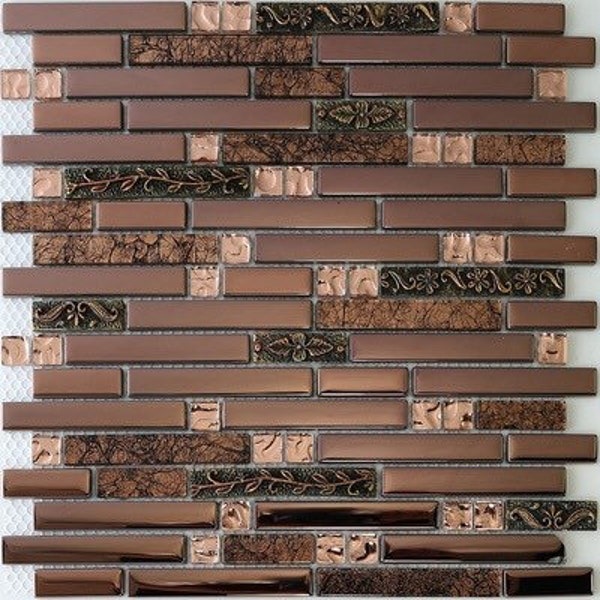 Interlocking brick strip glass resin mosaic kitchen backsplash tile JMFGT020 electroplating rose gold glass mosaic bathroom wall tiles