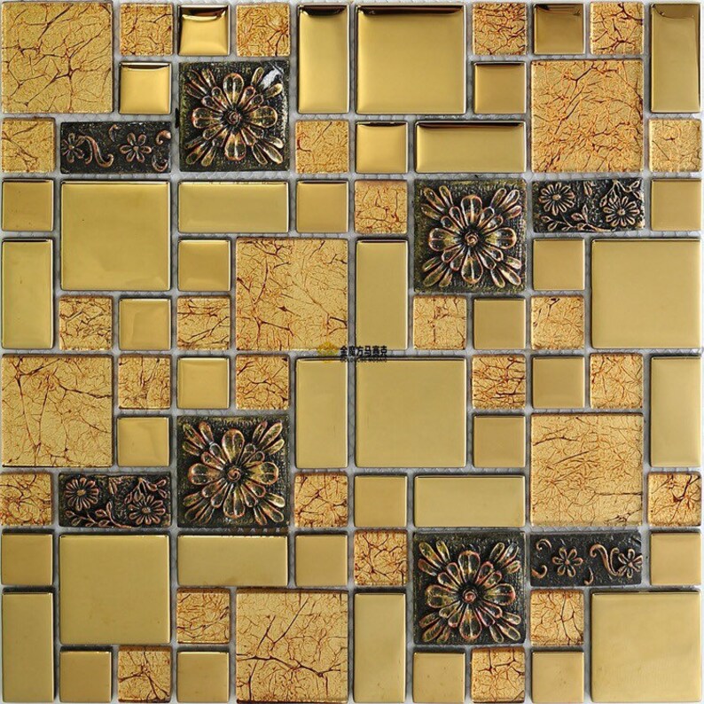 Yellow Gold Crystal Glass Mosaic Kitchen Backsplash Tile JMFGT015