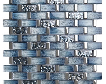 Brick Blue Silver Glass Mosaic Kitchen Bathroom Glass Wall Tiles Backsplash FT001