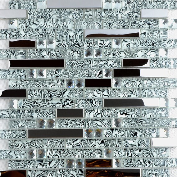 Black White Glass Mosaic Silver Metal Kitchen Tile Backsplash Etsy