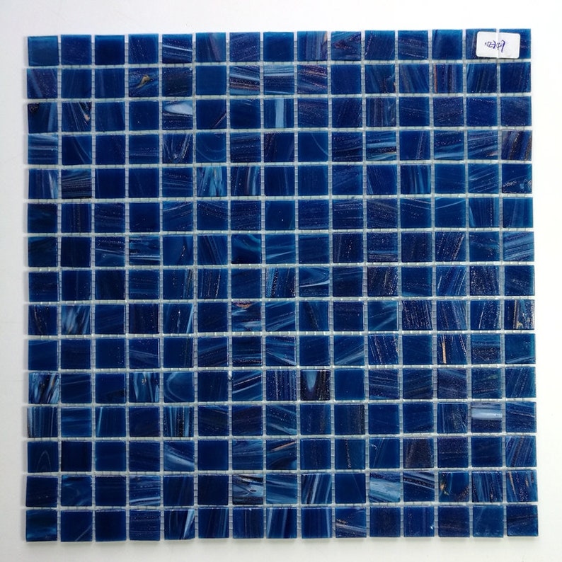 navy blue glass backsplash