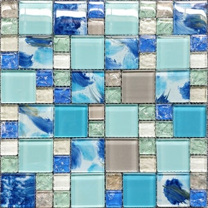 Blue light green gray glass mosaic kitchen backsplash tile JMFGT034 crackle glass wall tile for bathroom swimming pool tiles