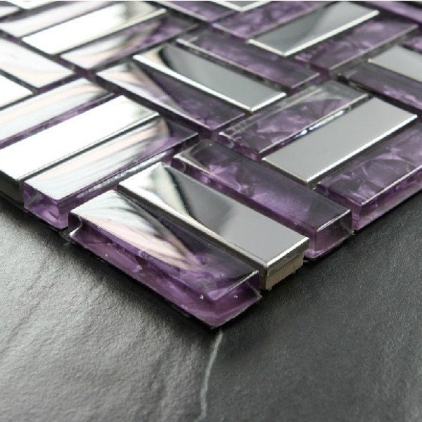 Purple glass mosaic silver metal tile backsplash stainless steel SSMT025 glass metallic mosaic bathroom tile
