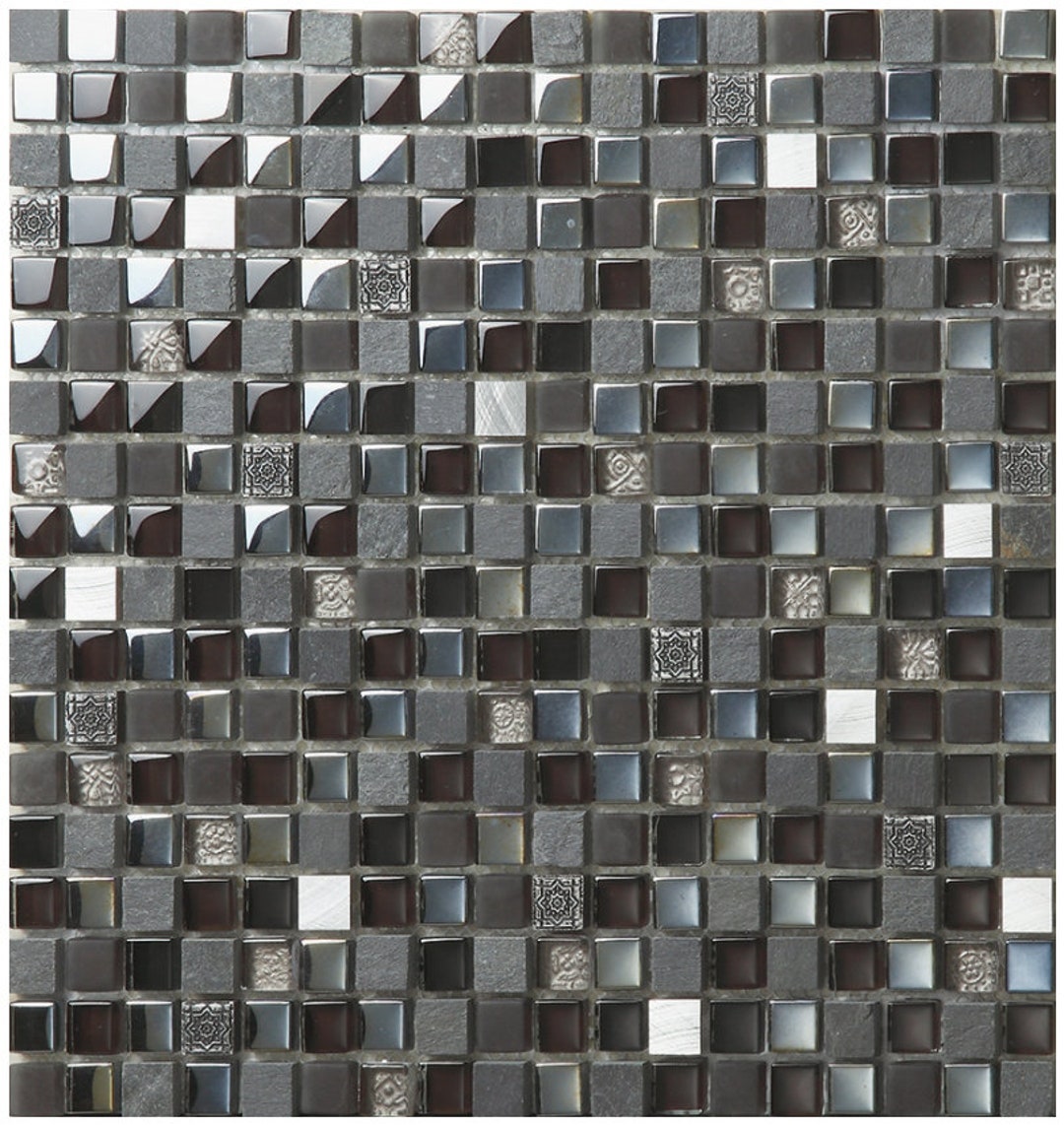 Black Gray Glass Stone Mosaic Kitchen Backsplash Silver Metal Bathroom