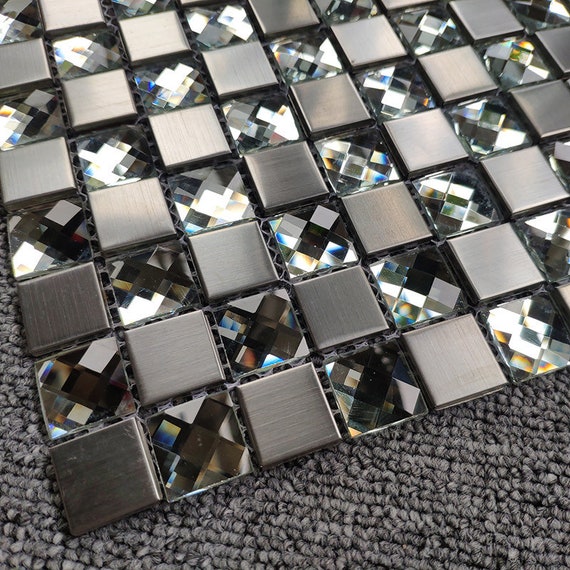 Glass Backsplash Tile Black & Silver Metallic Mosaic Wall Tiles TC044 Small  Kitchen and Bathroom Decor Tile 