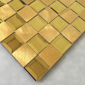 Self Adhesive Gold Glass Mirror Tile Backsplash Brushed Metal Alunimum Bathroom Mosaic Wall Tiles JYX001