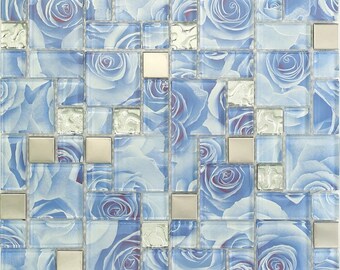Blue rose glass mosaic kitchen backsplash tile JMFGT094 silver stainless steel metal glass mosaic bathroom wall tile