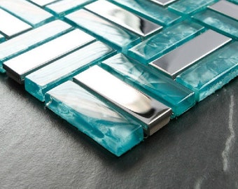 33 sheets blue glass mosaic silver metal tile backsplash stainless steel SSMT079 glass metallic mosaic