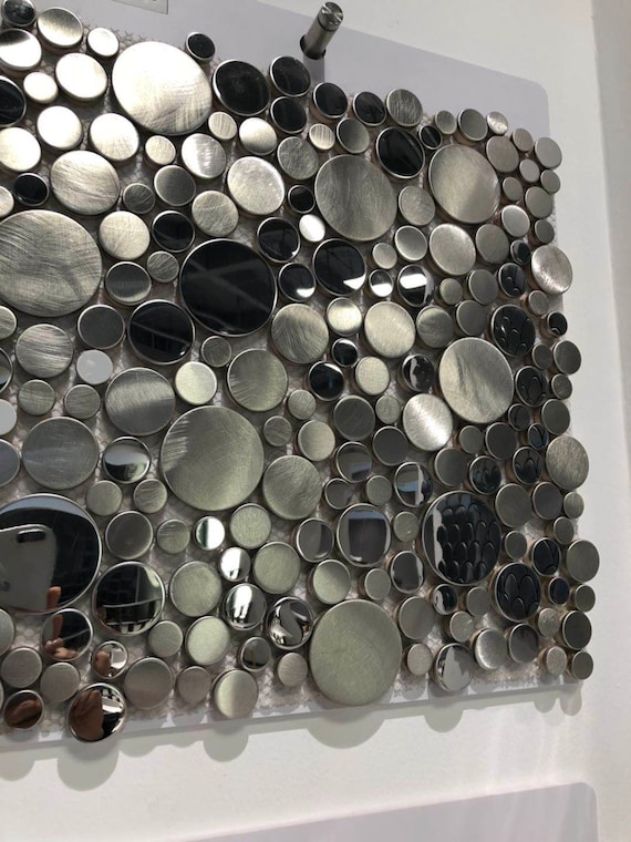 3d Penny Round Glossy Silver Metal Mosaic Tile Backsplash 3d Penny Round Glossy Silver Metal, Stainless Steel Penny Round Tile