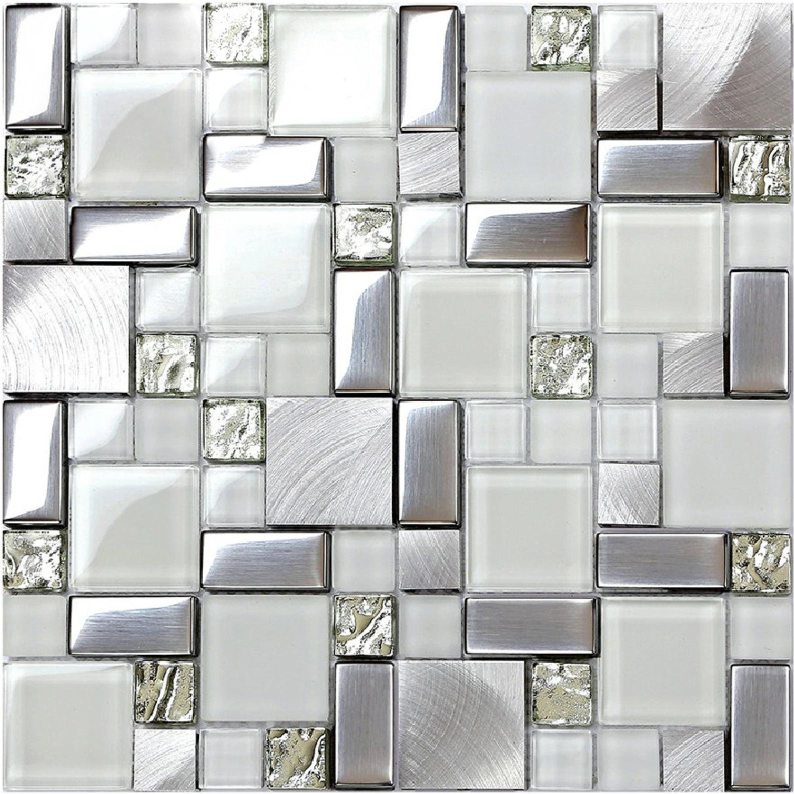 Crystal White Glass Mosaic Tile Backsplash SSMT104 Silver Stainless Steel  Metal Aluminum Mosaic Kitchen Bathroom Glass Wall Tile 