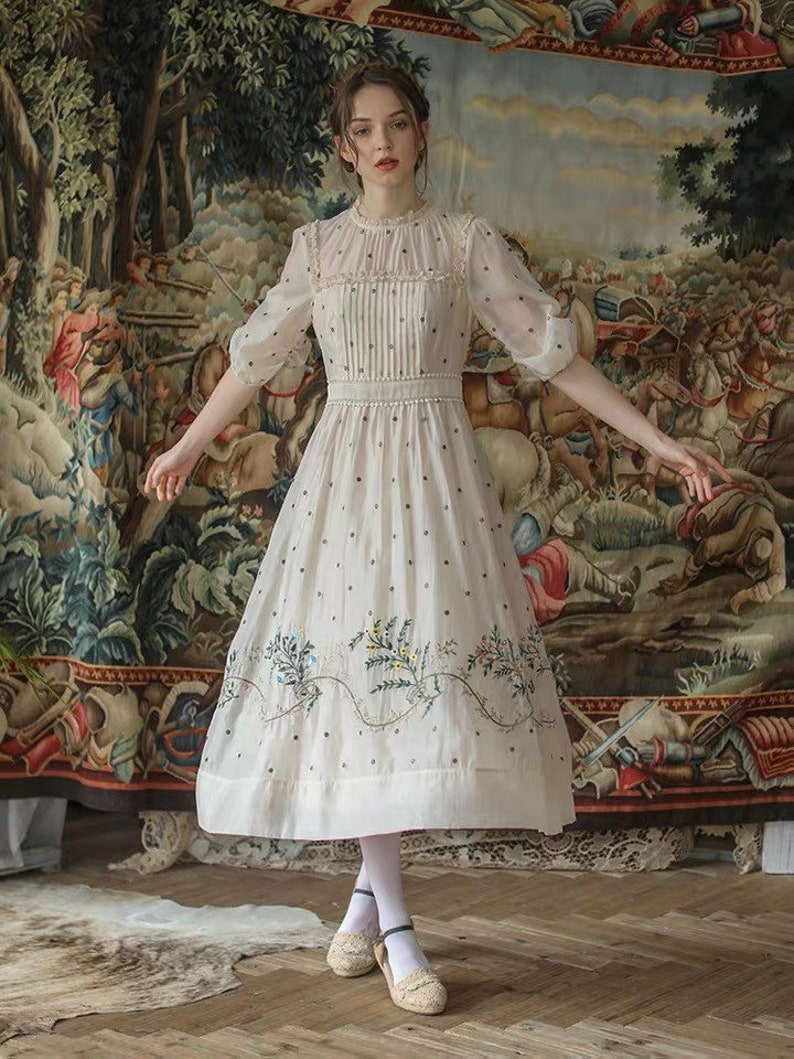 French Countryside Dot Embroidered Slim Dress Apricot image 1