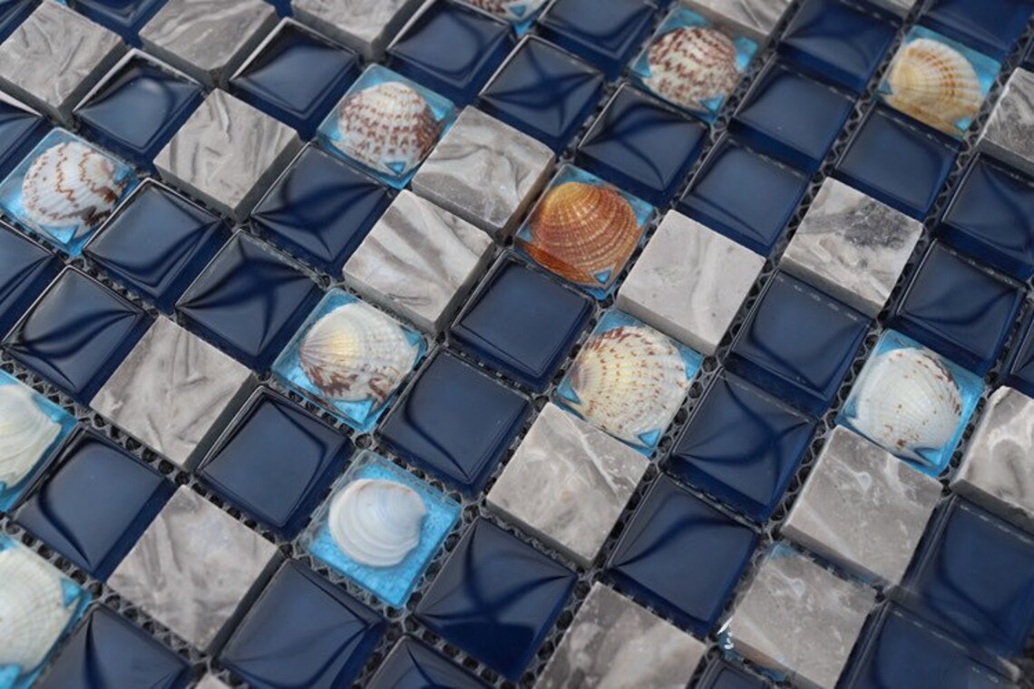navy blue glass backsplash