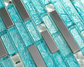 Blue glass mosaic silver metal kitchen backsplash wall tile stainless steel glass tiles SSMT159 mirror crystal glass mosaic