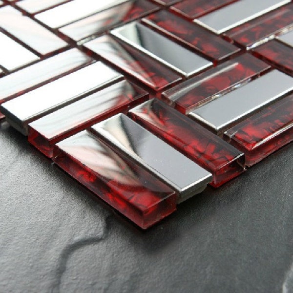 Red glass mosaic silver metal tile backsplash stainless steel SSMT021 glass metallic mosaic bathroom tile