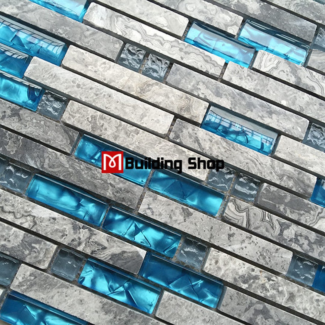 Gray Marble Blue Glass Mosaic Tile Bathroom Shower Wall Stone - Etsy
