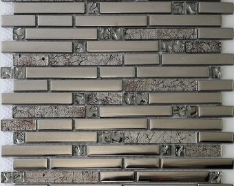 Interlocking brick strip beige glass mosaic tile backsplash electroplating silver glass mosaic bathroom wall tiles JMFGT024