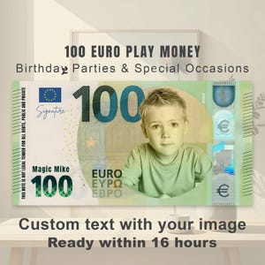 Cara personalizada en billete de 100 euros, dinero ficticio personalizado para fiesta de cumpleaños, regalo de broma novedoso, archivo de descarga digital de diseño personalizado.