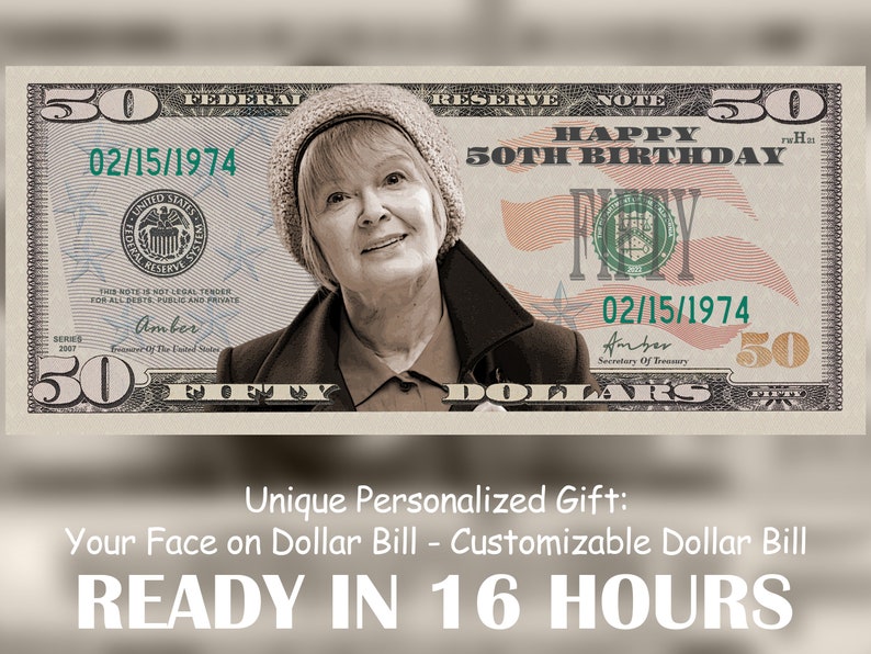 Customized Your Face on Money Print Personalized Currency Art, 50 Dollar bill image 1