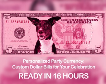 Unique Gift Idea: Put Your Face on Money - Customized Currency Print, Pink 5 Dollar Bill