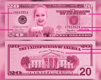 Your Face on Money, Game Money, Pink 20 dollar bill, Party Money, Custom Money, Play Money, Custom Dollar Bill, Personalized dollar