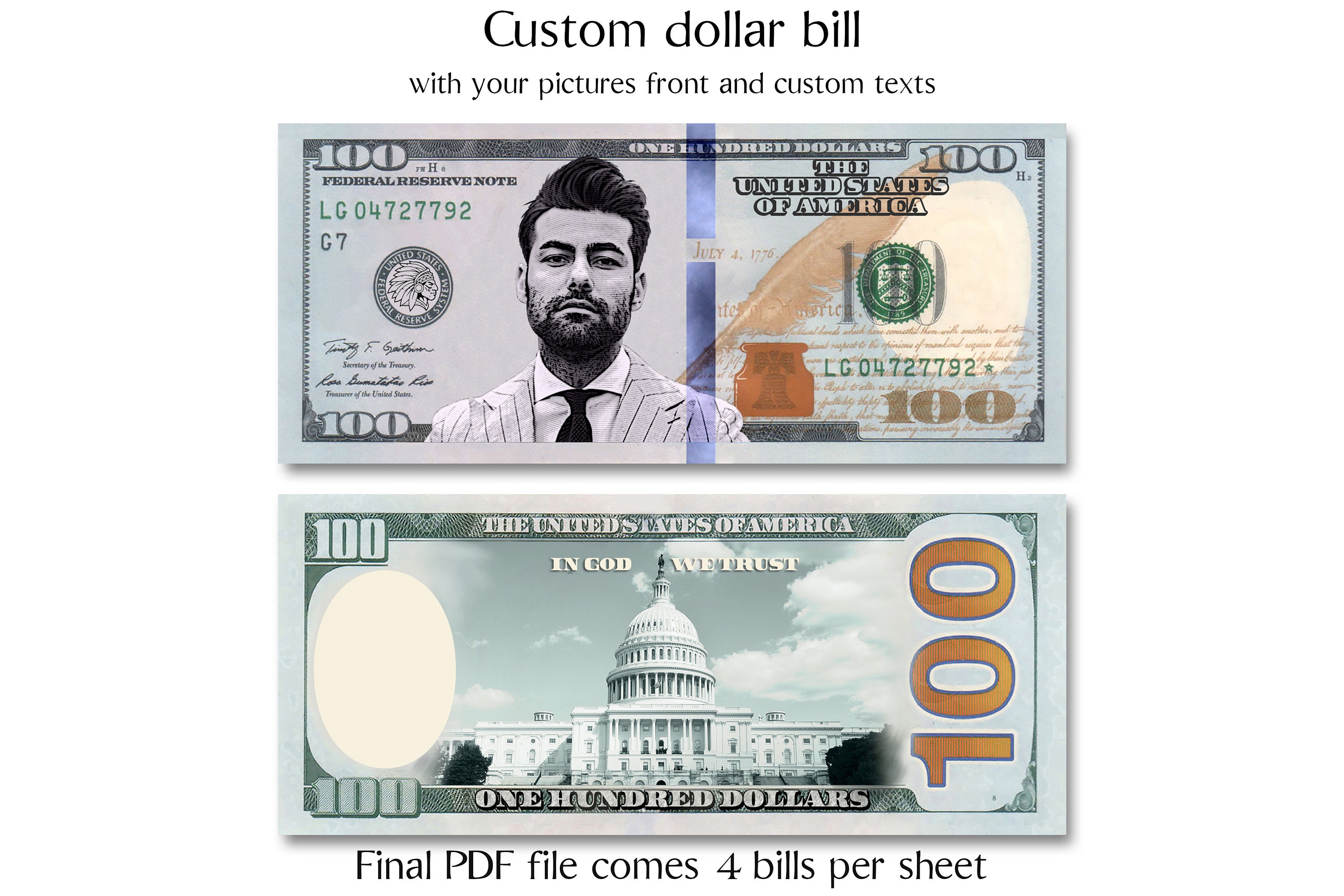 Custom Dollar Dollar Bill Art 100 Dollar Bill Digital Etsy