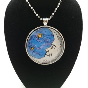 Man in the moon, pendant necklace, moon jewelry, lunar pendant, hand painted, handmade jewelry, moon and stars, crescent moon necklace