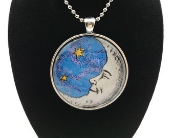 Man in the moon, pendant necklace, moon jewelry, lunar pendant, hand painted, handmade jewelry, moon and stars, crescent moon necklace